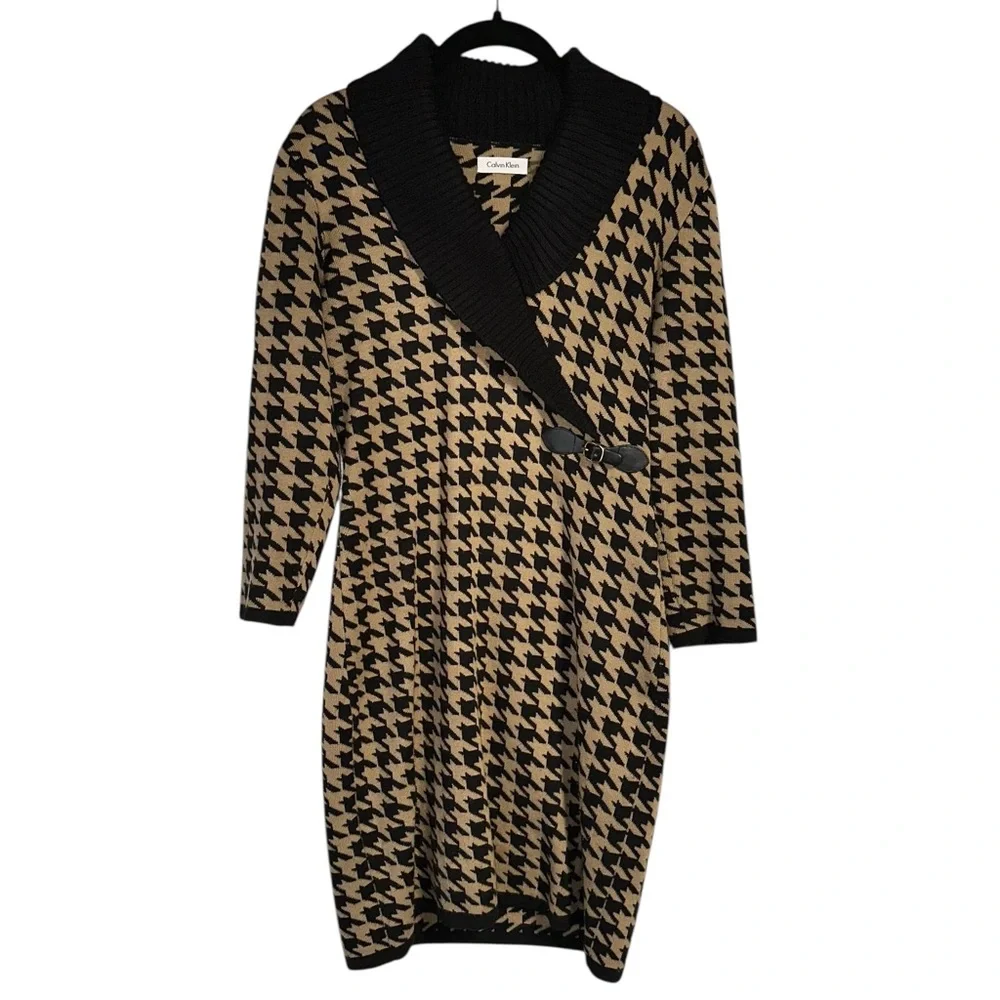 CALVIN KLEIN Black & Tan Houndstooth Sweater Dress Buckle STRETCH Women's Small - Picture 2 of 8